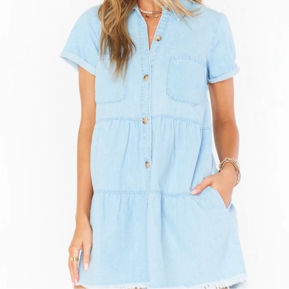 Show Me Your MuMu Dresses & Skirts - Show Me Your MuMu Light Blue Chambray Tiered Shirt Dress